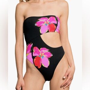NWT maaji one piece reversible cutout swimsuit medium. Black w/ pink floral